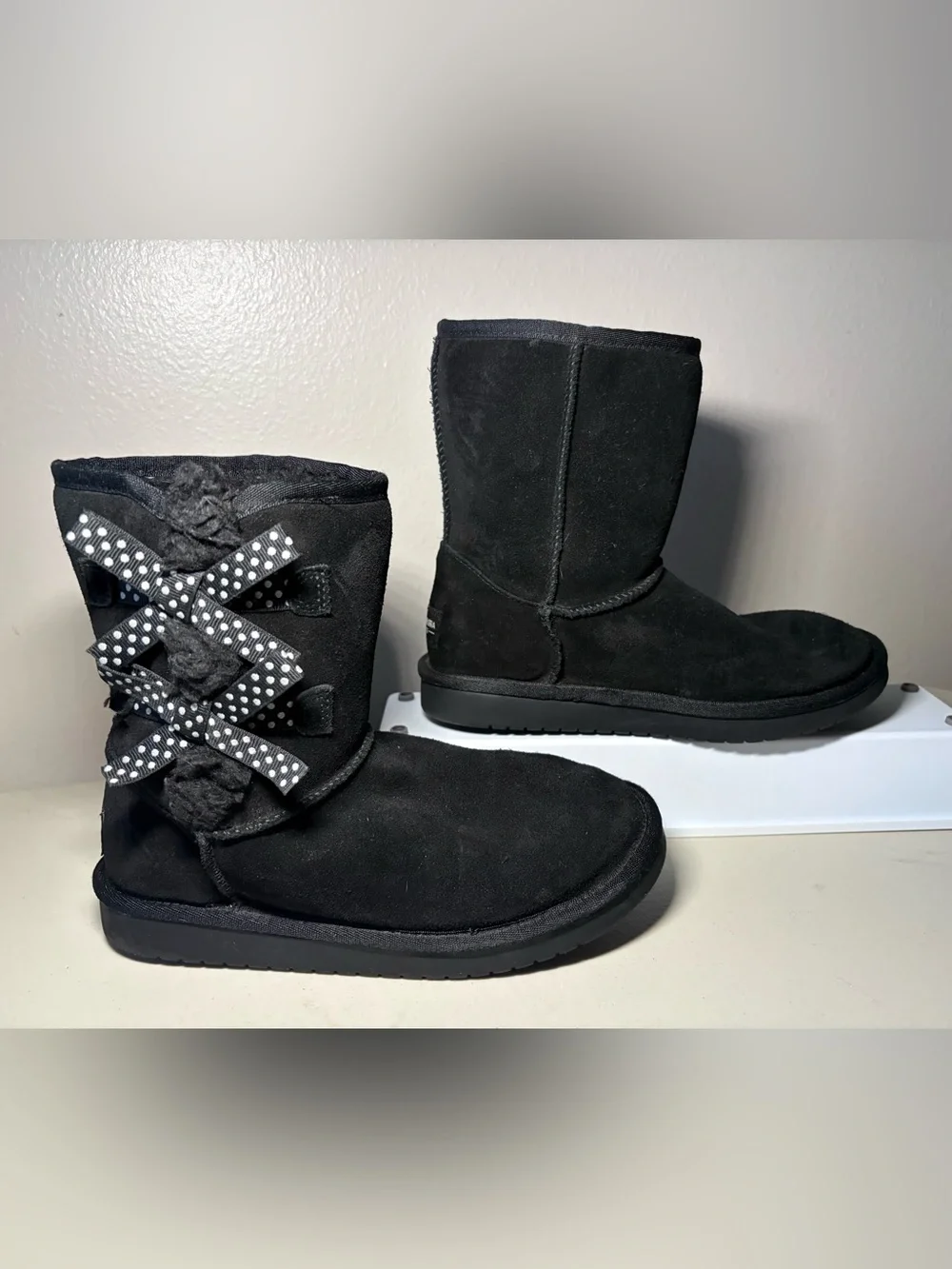 Koolaburra Black Faux-Suede Shearling-Lined Polka Dot Ribbon Booties